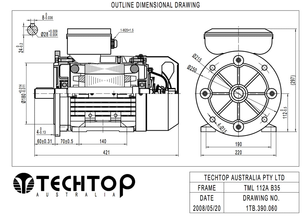 Single Phase Electric Motor 3.7kW 5HP 4Pole (1440rpm) 240v/480v CSCR B35 Foot/Flange Mounted D112M-4 T/O IP55